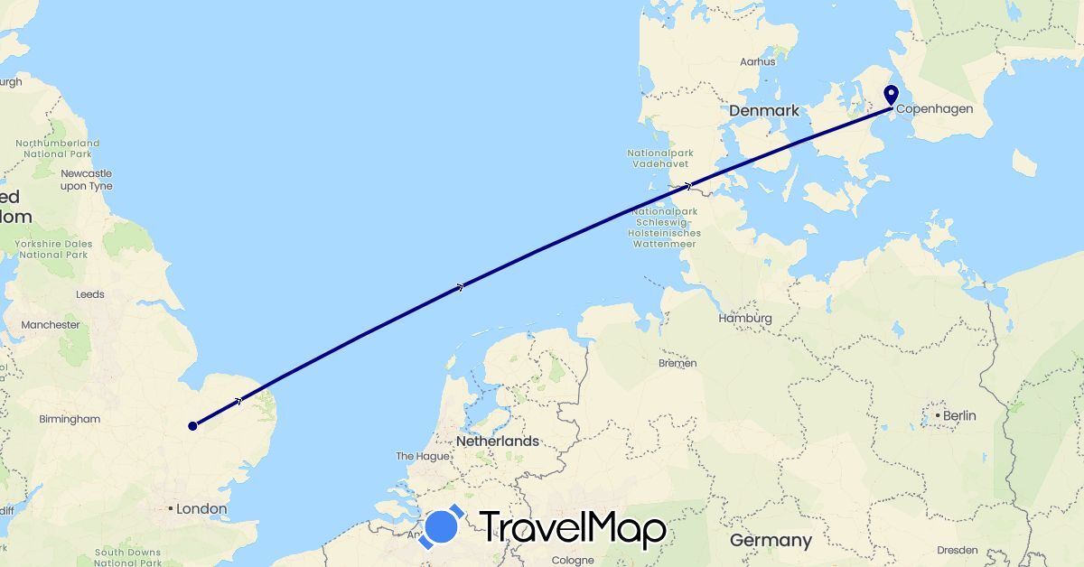 TravelMap itinerary: driving in Denmark, United Kingdom (Europe)